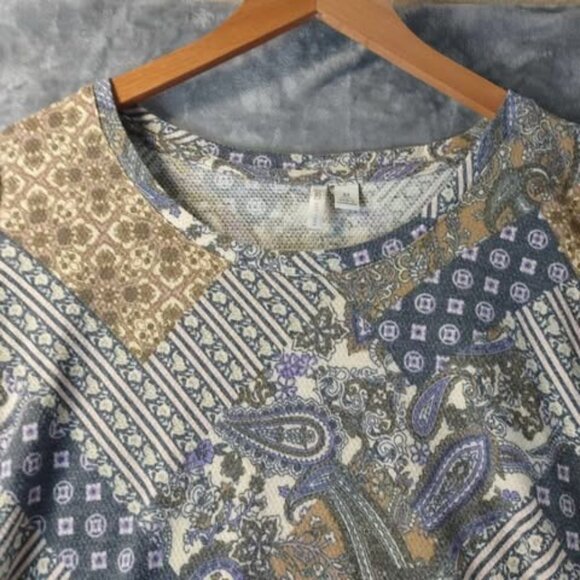 Cato Boho Patchwork Print Gray Green Top Long Sleeve M WeekendStaple Vintage Mix - Picture 5 of 10